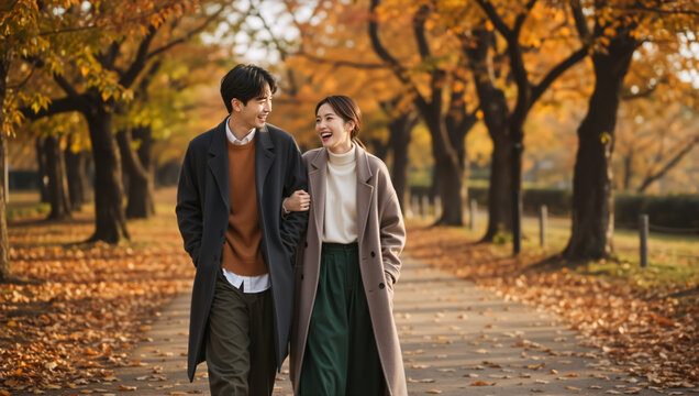 Happy Asian couple walking arm in arm in an autumn park. Young man and woman laughing together on a path covered with fall leaves. Romantic outdoor date