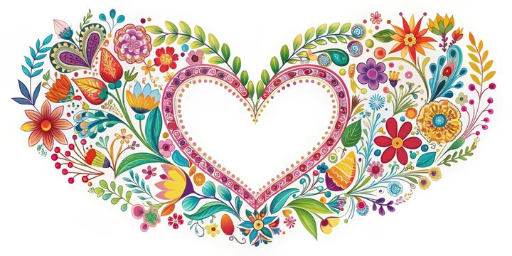 Colorful whimsical heart with floral patterns and vines, colorful, ornate,  colorful, ornate, vintage