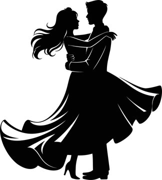 Silhouette of romantic couple dancing together, man holding woman in long dress during ballroom dance, vector icon illustration design,