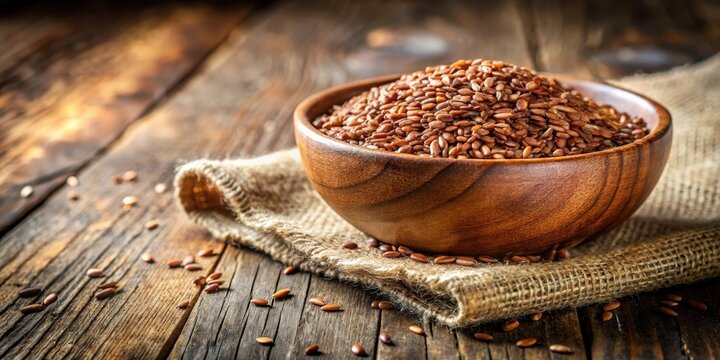 A wooden bowl filled with organic flaxseed sits on a rustic table, its natural textures and earthy tones creating a cozy atmosphere , earthy, flaxseed