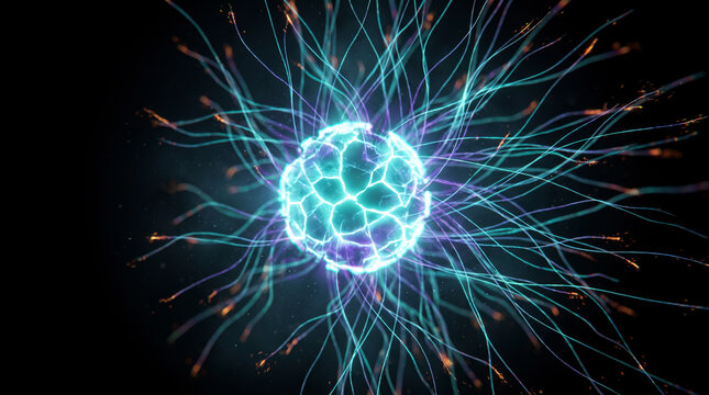 Fractured teal energy sphere radiating violet and amber filaments in a dynamic burst