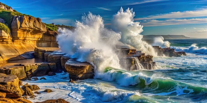 Ocean waves crash against rugged coastline rock formations, sending spray high into the air as tide pulls back from beach shore