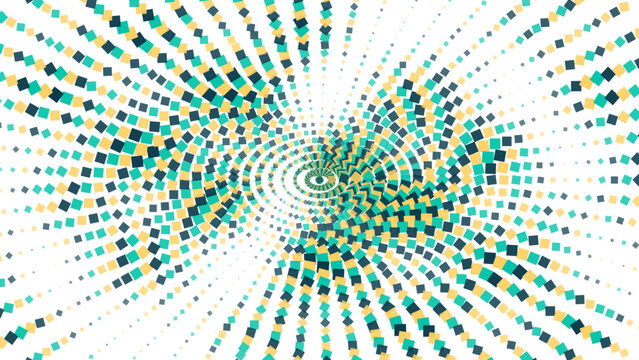 Abstract spiral vortex pattern featuring teal and yellow squares radiating from the center against a stark black background surface