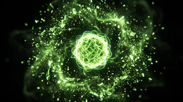 Radiant green nucleus glowing at the center of a swirling burst of light filaments