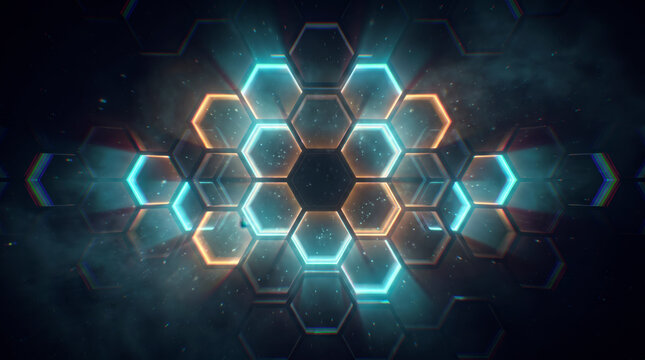 Layered hexagonal light panels glowing blue and amber in a symmetrical futuristic tunnel
