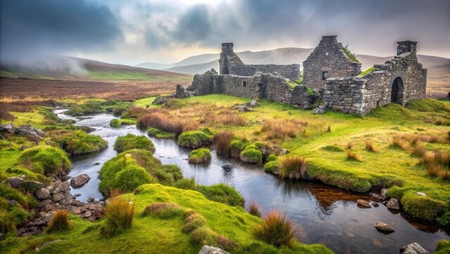 Distillery ruins on Islay island surrounded by rugged landscape and peat bogs, with misty atmosphere and ancient stone walls , islay island, ancient stones