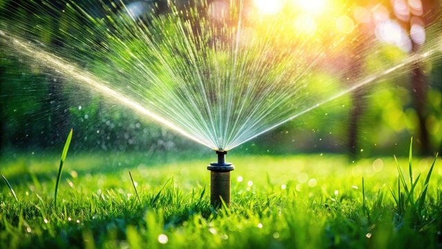 A sprinkler system emits fine droplets onto a lush, emerald-green lawn on a sunny day, creating a soothing and peaceful atmosphere , vibrant green, watering lawn