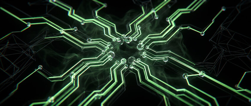 Glowing green circuit pathways converging toward a radiant central node in dark space