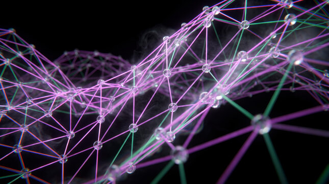 Interlaced violet and green wireframe ribbons weaving across a dense futuristic network