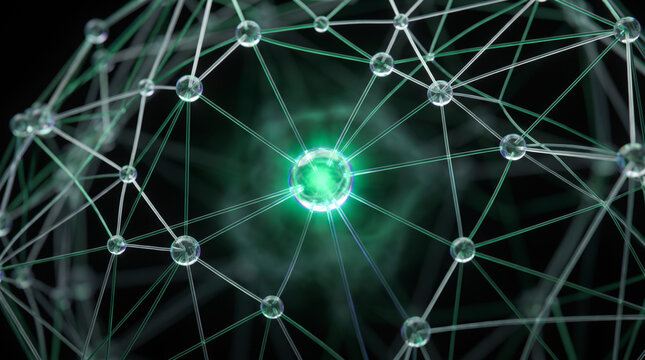 Glowing green node radiating fine threads through a dense futuristic wireframe sphere