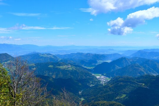 Panoramic view of forest covered hills and valleys at Železniki in Gorenjska, Slovenia