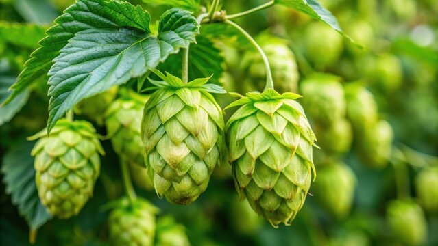 A green hop cone with buds and flowers on a stem in a botanical garden , botanical garden, plant life
