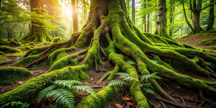 Twisted tree roots with moss and ferns , trees, forest,  trees, forest
