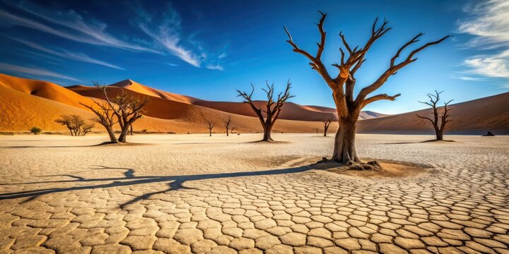 Dry cracked desert landscape with twisted and barren trees, resembling a broken melody in the vast expanse of sand and rock formations, arid, cracks