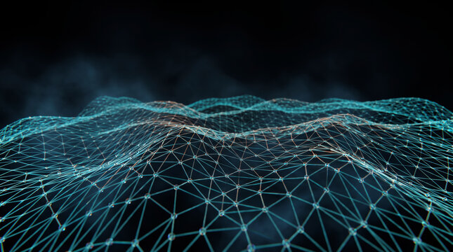 Undulating blue wireframe terrain stretching across a vast futuristic digital landscape