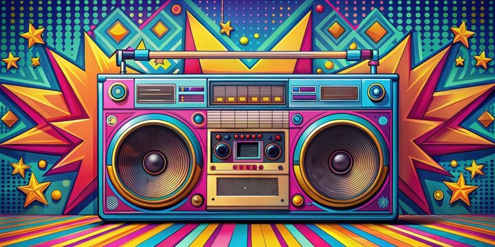 Retro styled boombox in bright colors against a colorful background with funky patterns and shapes, colorful music player, hipster aesthetic