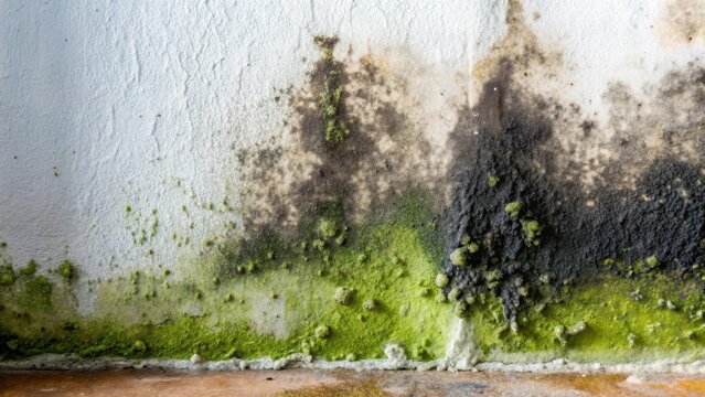 Black mold growing on a damp wall with visible greenish-black fuzzy growth , damp wall