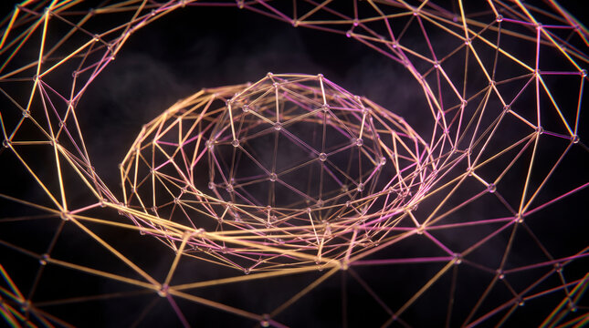 Golden wireframe rings coiling into a radiant spiral tunnel of connected nodes