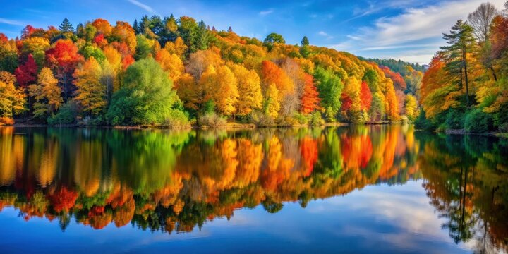A serene autumn landscape with vibrant leaves reflected in the calm waters of a lake