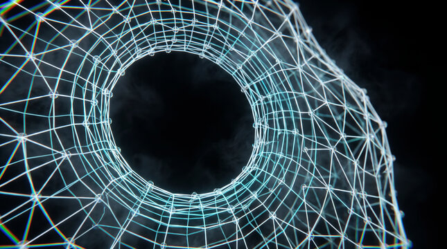 Circular wireframe tunnel of glowing nodes forming a futuristic digital portal view