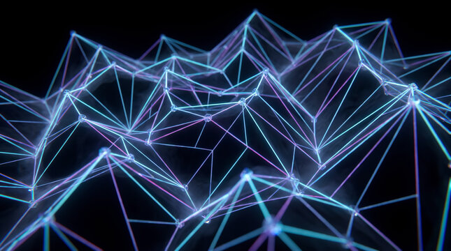 Jagged blue wireframe mountain ridge stretching across a vast futuristic network landscape