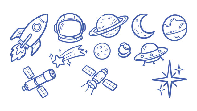 Space themed doodle icon set featuring a rocket planet astronaut satellite and ufo in a black and white vector design