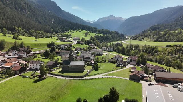 Zillis-Reischen village with its Romanesque church in the Schams valley, Graubunden, Switzerland