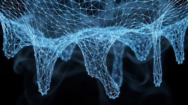 Dripping blue wireframe icicles hanging from a dense futuristic network canopy above