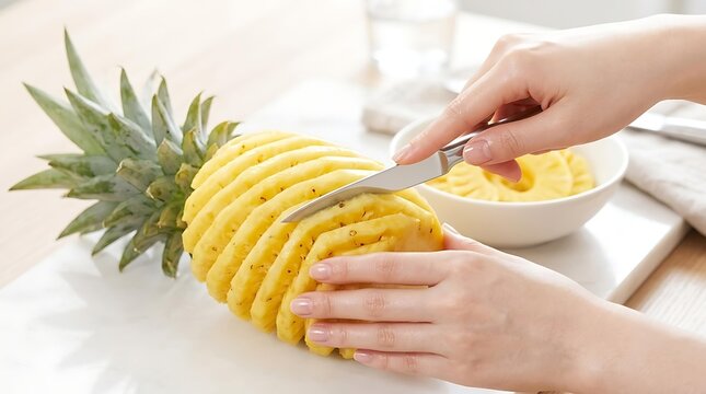 Woman hands slicing fresh pineapple with a sharp knife, preparing sweet fresh pineapple for snacks, healthy organic fresh pineapple in a clean kitchen.