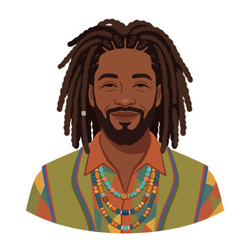 Smiling Man with Dreadlocks and Colorful Necklace, Vector Illustration