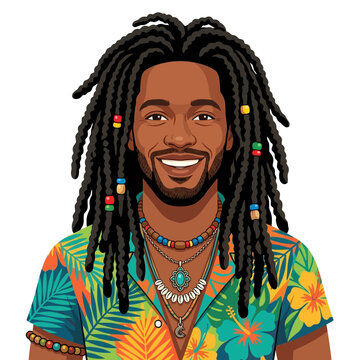 Smiling Man with Dreadlocks and Colorful Tropical Shirt, Necklaces