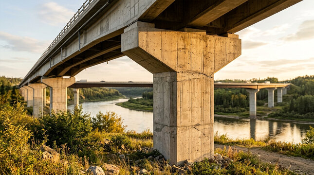 Massive concrete highway bridge spanning over a tranquil northern river at sunset