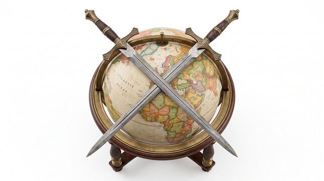 Two crossed medieval swords resting on a vintage globe symbolizing global conflict and conquest
