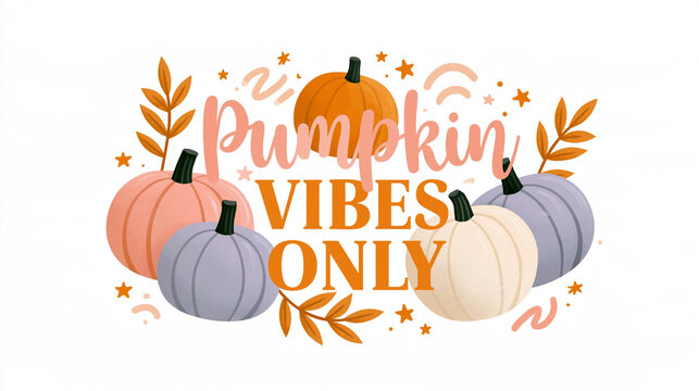 Illustration of various pumpkins in pastel colors with the text Pumpkin Vibes Only surrounded by decorative leaves and stars on a white background