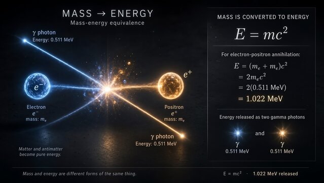 Particle annihilation event showing matter conversion to energy with a zoomed inset featuring the famous mass energy equivalence equation e equals mc squared and electron positron