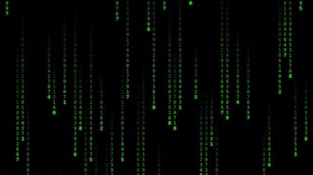 Green digital matrix rain falling on transparent background