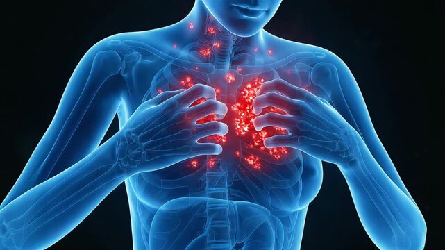 A 3D medical image of a person holding their chest with both hands to relieve itching or pain.