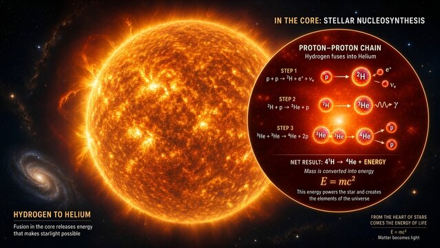 Star model with a zoomed inset showing nuclear fusion of hydrogen to helium in the stellar core featuring the proton chain reaction and mass energy release equation