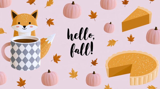 Illustration featuring a cute fox character with a coffee mug, pumpkin pie, pumpkins, and autumn leaves on a pastel pink background celebrating the fall season