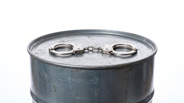 Metal barrel with handcuffs on top symbolizing crime and arrest in industrial setting