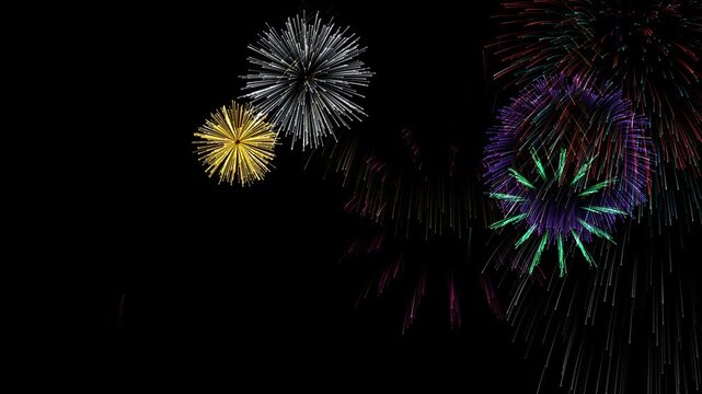 A dense succession of peony, willow, ring and palm fireworks fills layered depths during a sweeping camera move. Ten second seamless animation for New Year greetings, midnight parties and festive holi