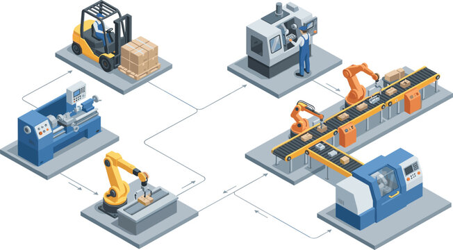  Smart factory production line vector with robotic arms conveyor belt assembly machinery forklift and worker managing industrial