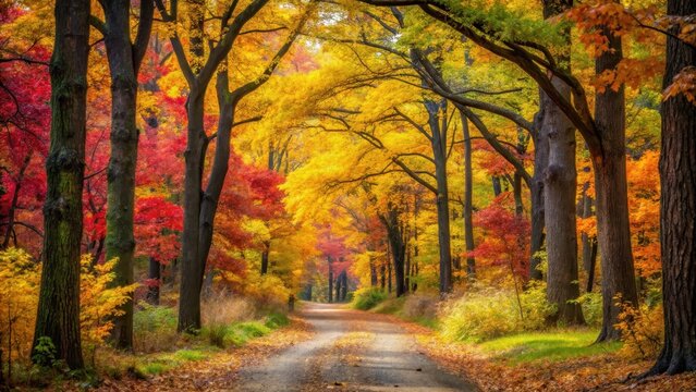 Soft focus photo of a scenic trail in the woods with brilliant yellow and crimson fall colors surrounded by tall oak trees foliage is abundant changing seasons , oak trees, woodsy trails