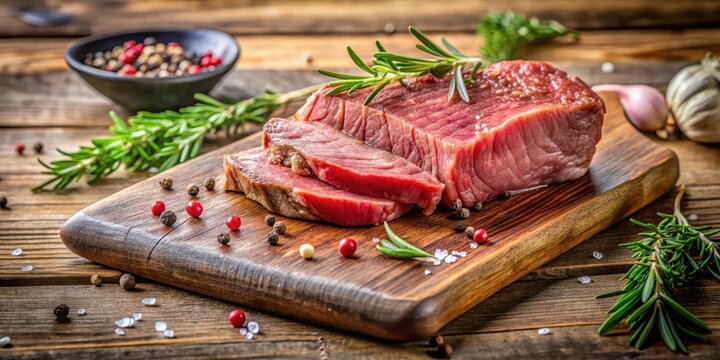 A juicy, pink lab-grown steak sliced on a wooden cutting board