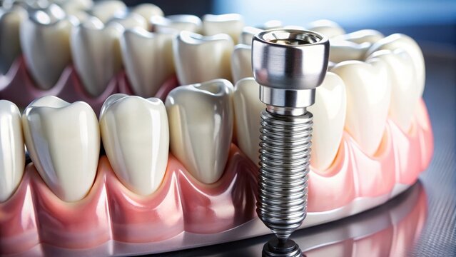 Close-up of titanium tooth implant with metal screw in dental prosthetics