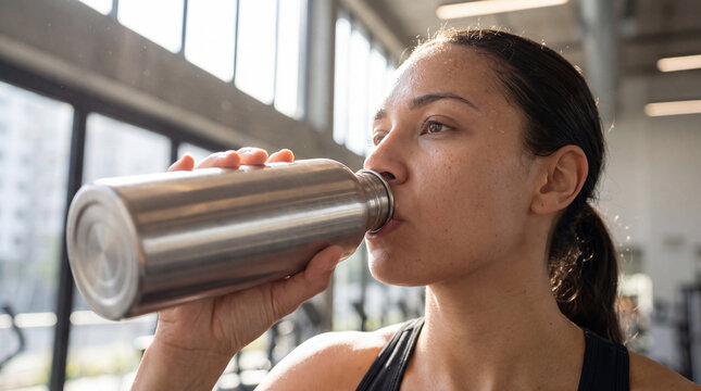Woman hydrating after a workout session, drinking from a stainless steel water bottle, emphasizing fitness, health, and a sustainable active lifestyle