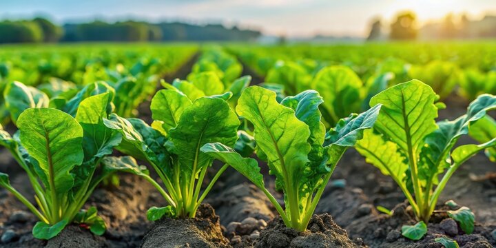 Close-up of vibrant green sugar beet plants growing in a field, agriculture, leafy greens