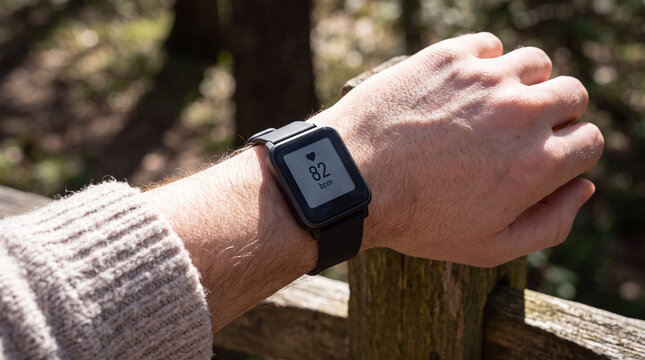 Person's wrist wearing a wearable technology device displaying heart rate data, symbolizing health monitoring, fitness tracking, and an active lifestyle in a natural setting
