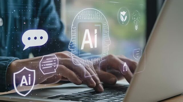 A digital interface between a person operating a laptop and a generative AI.