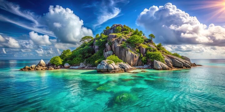 Majestic granite island rising from turquoise sea , nature, turquoise,  nature, turquoise, tropical, granite, water